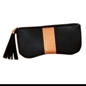 Zigi Marais Pouch with Stripe Zipper Faux Leather Black  Brown Stripe Tassel NEW